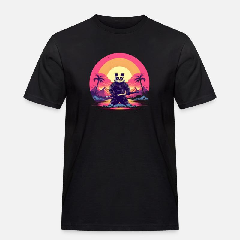 Synthwave Panda Samurai - Männer Workwear T-Shirt - Schwarz