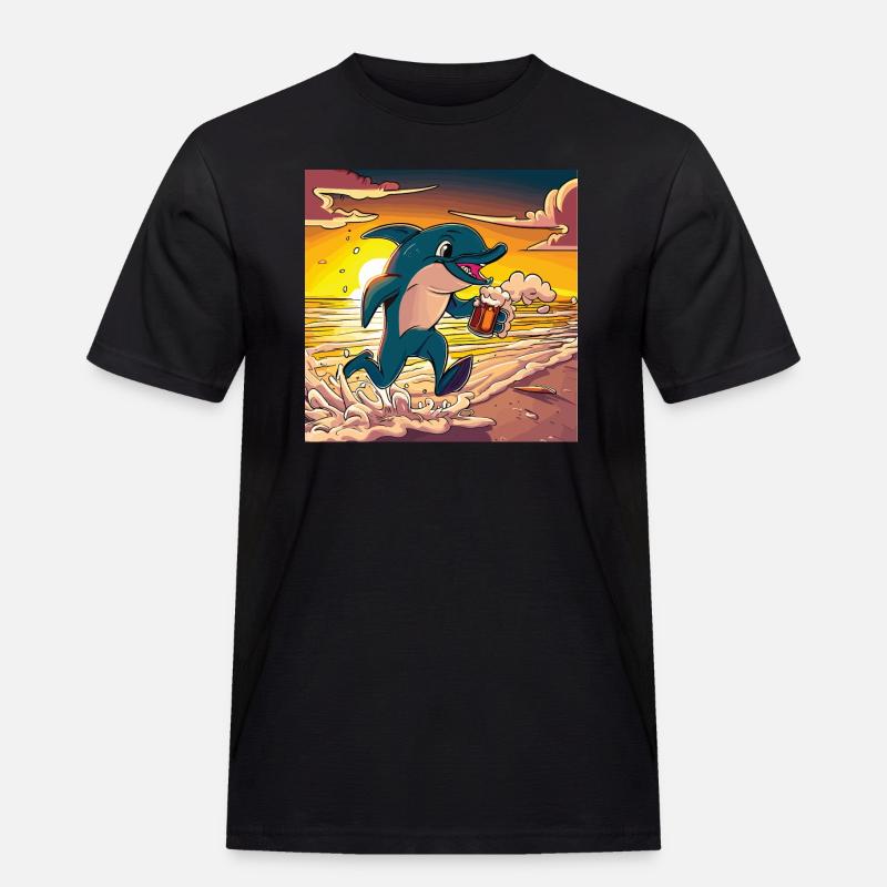 Delfin mit Bier - Männer Workwear T-Shirt - Schwarz