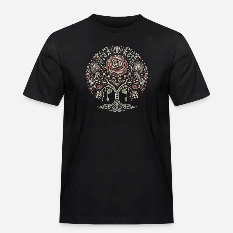 Lebensbaum-Rose Boho - Männer Workwear T-Shirt - Schwarz