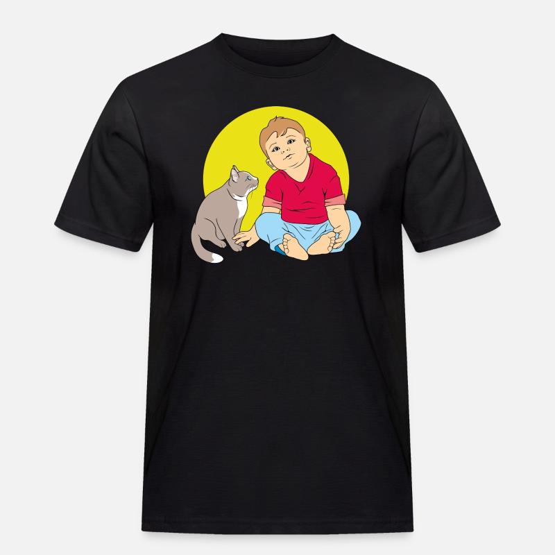 Junge spricht mit Katze - Männer Workwear T-Shirt - Schwarz