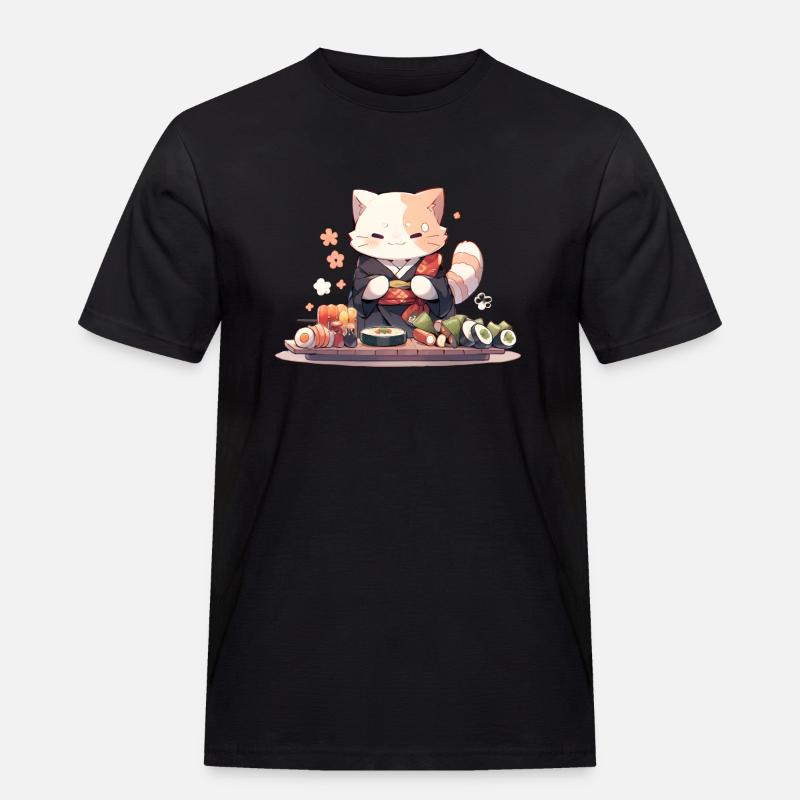 Samurai Cat eat Sushi - Männer Workwear T-Shirt - Schwarz
