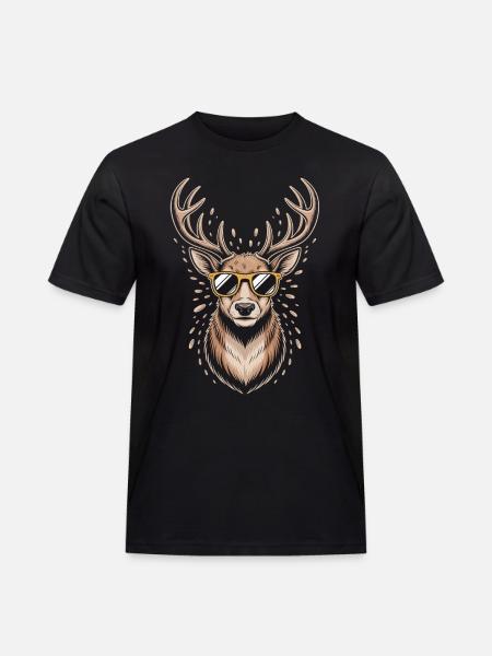 Hirsch mit Geweih und Sonnenbrille - Männer Workwear T-Shirt - Schwarz