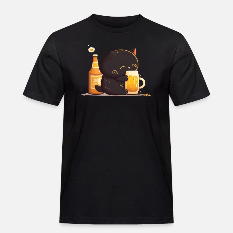 Katze kuschelt mit Bier - Männer Workwear T-Shirt - Schwarz