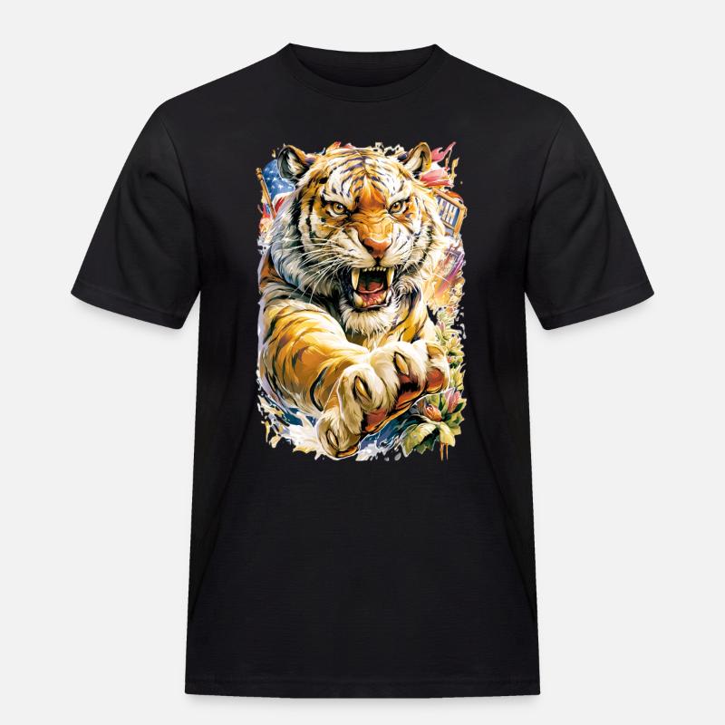 Tiger mit Blüten - Männer Workwear T-Shirt - Schwarz