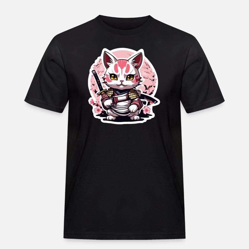 Samurai Katze & Kirschblüten #4 - Männer Workwear T-Shirt - Schwarz