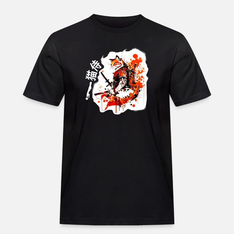 Samurai Katze in Rot - Männer Workwear T-Shirt - Schwarz