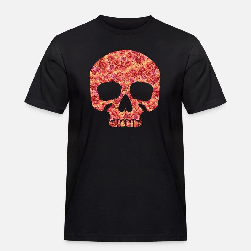 Totenkopf mit Blumen - Männer Workwear T-Shirt - Schwarz