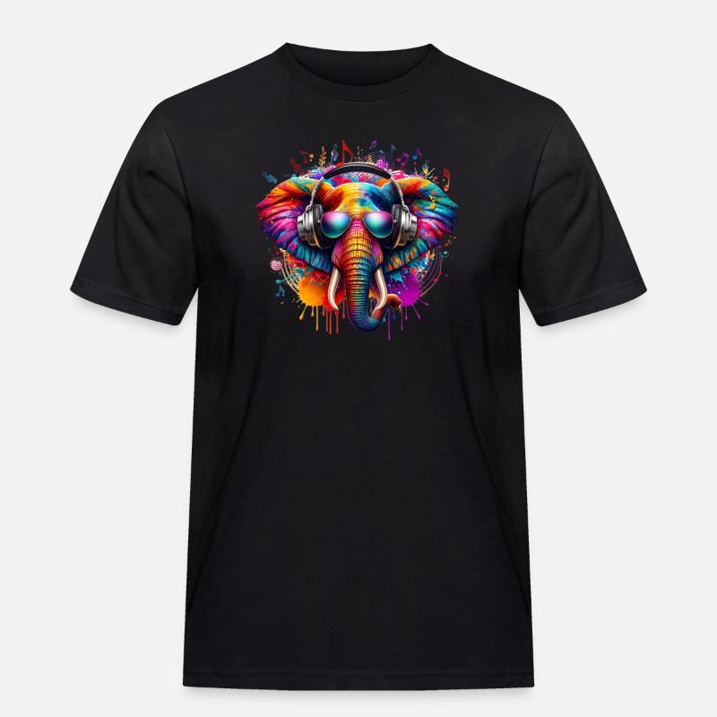Bunter Elefant mit Kopfhörern - Männer Workwear T-Shirt - Schwarz