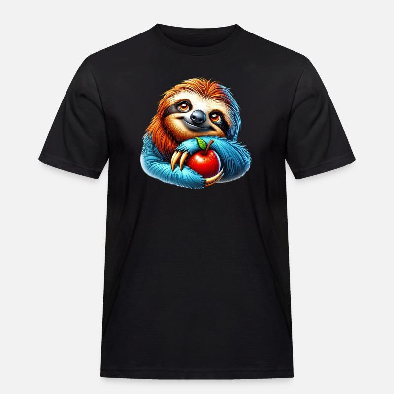 Faultier mit rotem Apfel - Männer Workwear T-Shirt - Schwarz