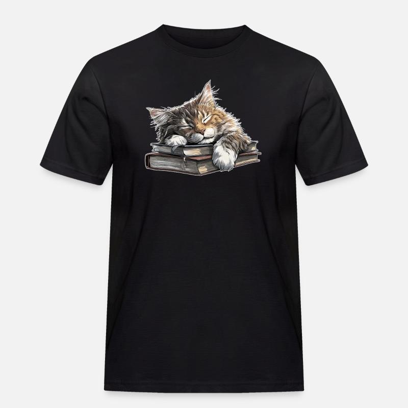 Süße Katze schläft auf Bücherstapel - Männer Workwear T-Shirt - Schwarz