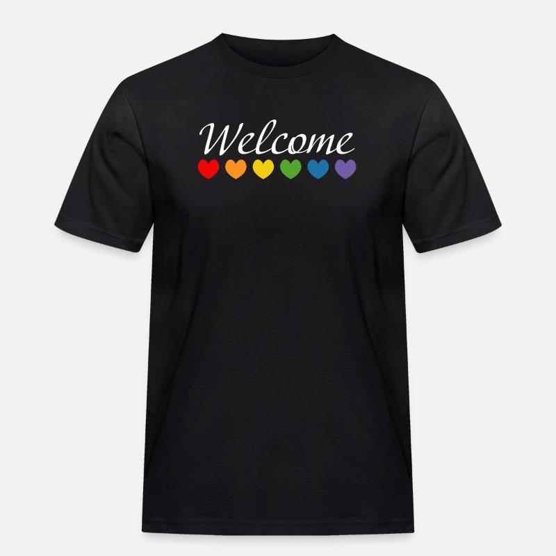 Regenbogenherzchen Welcome weiss - Männer Workwear T-Shirt - Schwarz