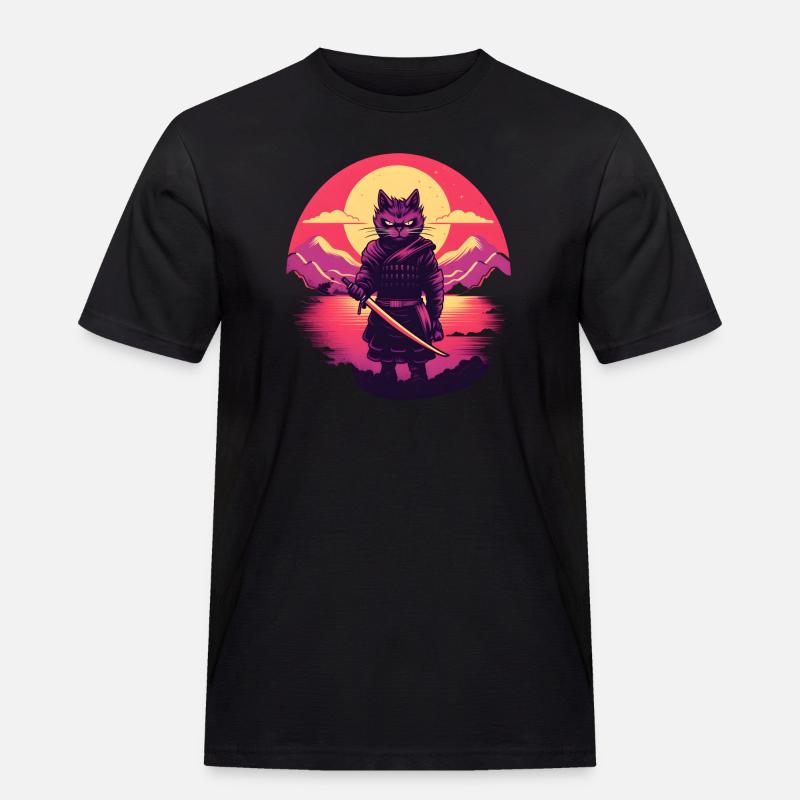 Synthwave samurai Cat - Männer Workwear T-Shirt - Schwarz