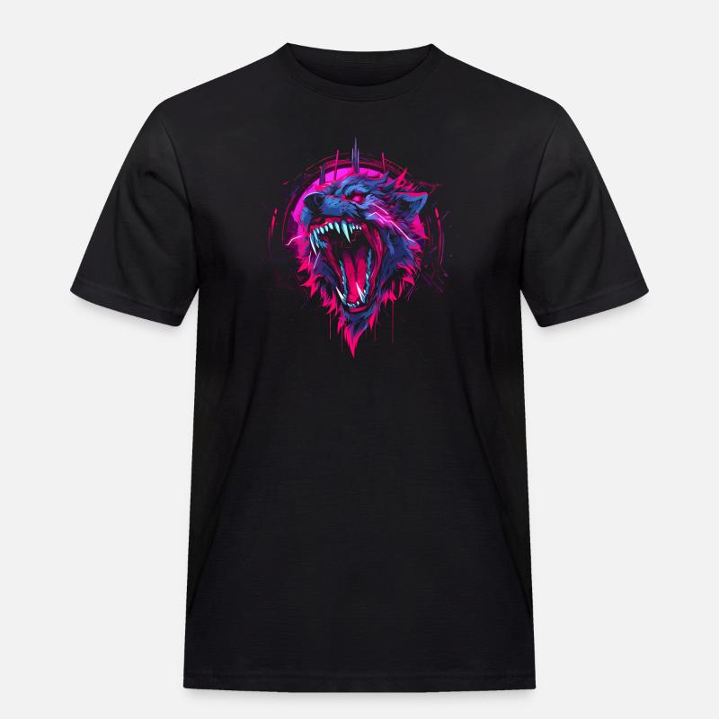 Synthwave Wolf - Männer Workwear T-Shirt - Schwarz