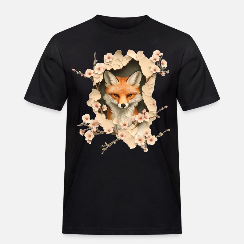 Fuchs mit Kirschblüten - Männer Workwear T-Shirt - Schwarz