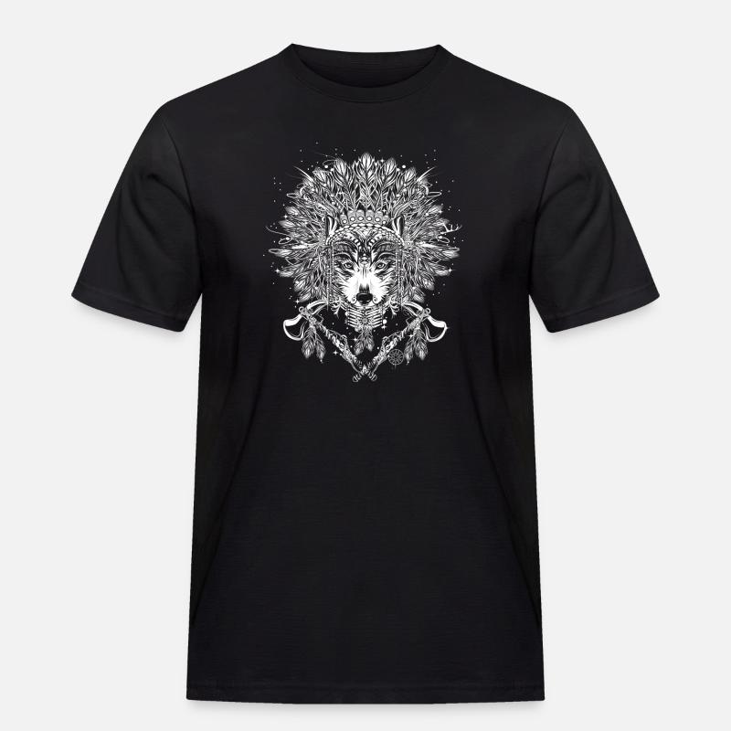 Wolf Häuptling mit Kopfschmuck - Männer Workwear T-Shirt - Schwarz