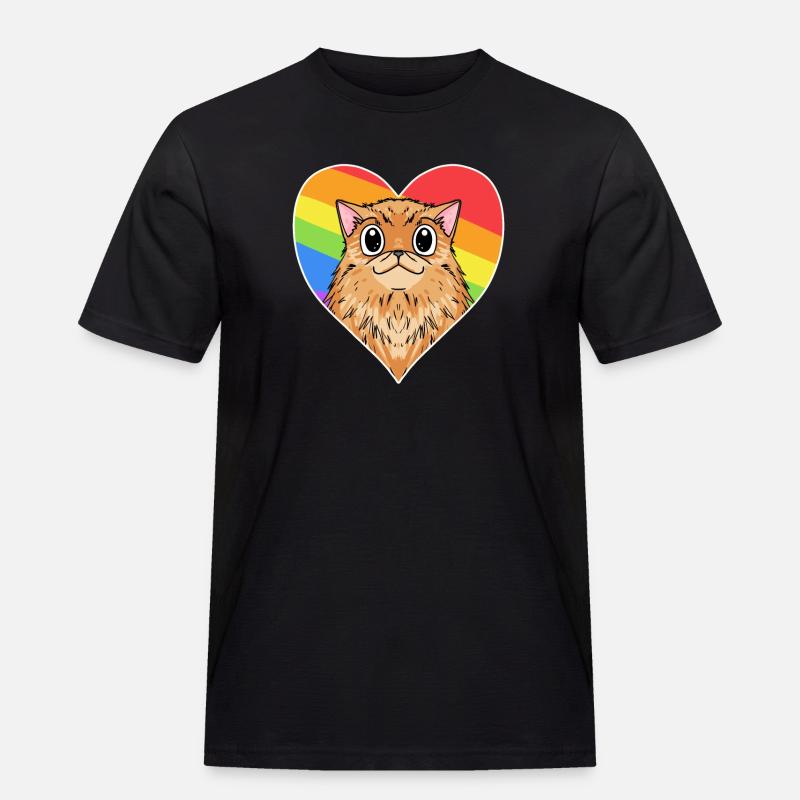 Regenbogen - Katze mit Herz - Männer Workwear T-Shirt - Schwarz