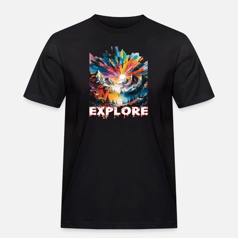 Farbintensive Landschaft mit 'Explore' Aufdruck - Männer Workwear T-Shirt - Schwarz