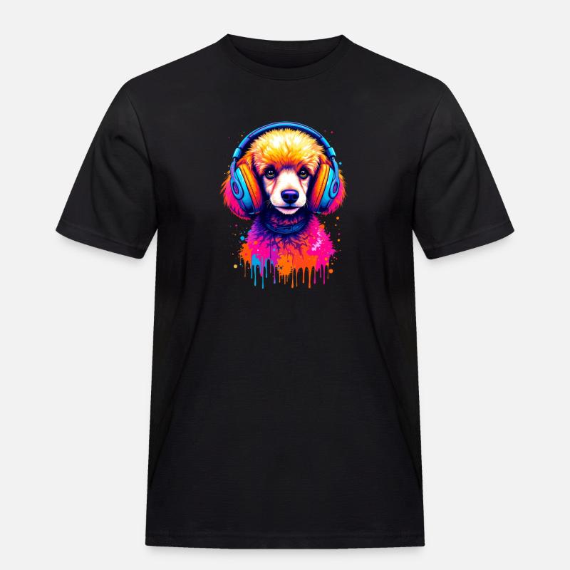 Pudel mit Kopfhörern - Männer Workwear T-Shirt - Schwarz
