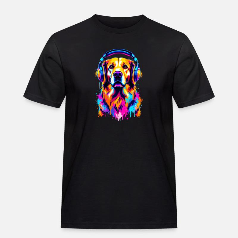 Golden Retriever mit Kopfhörer - Männer Workwear T-Shirt - Schwarz