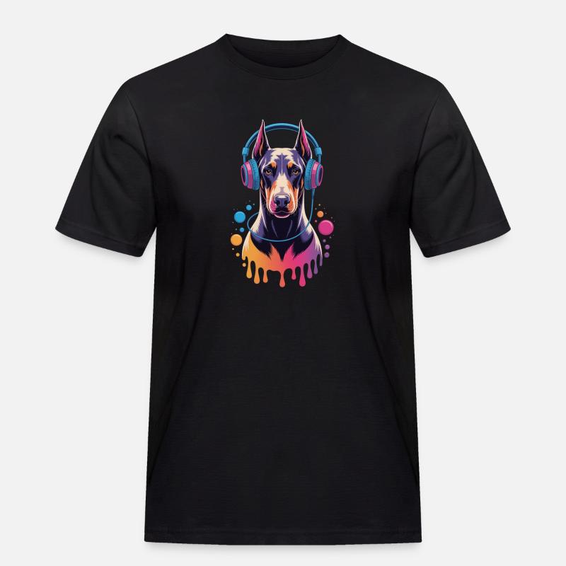Dobermann mit Kopfhörern - Männer Workwear T-Shirt - Schwarz