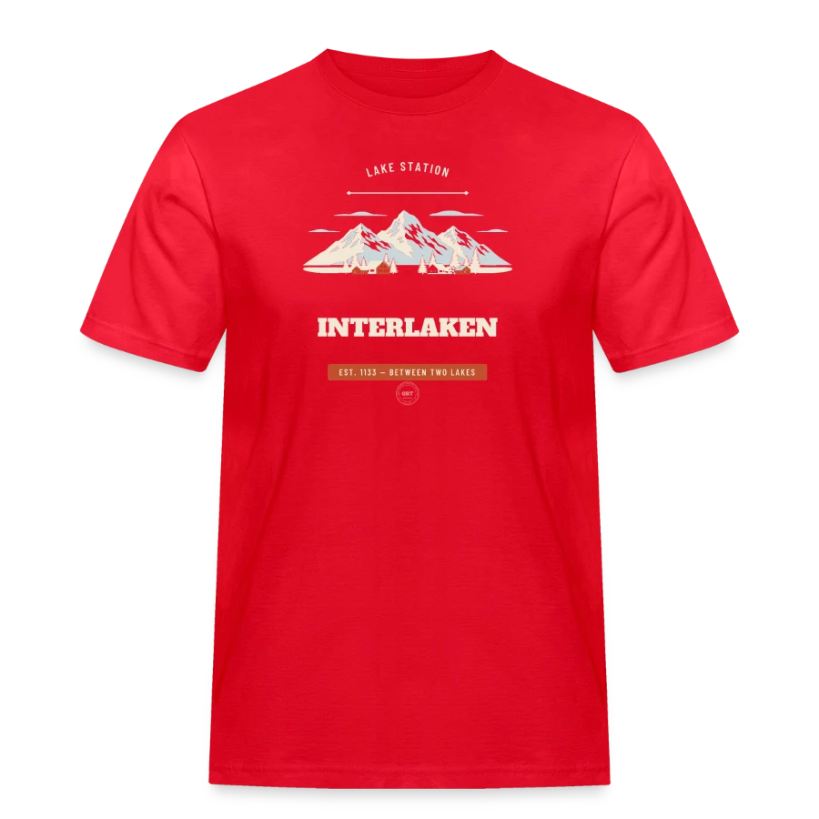 Interlaken badge on a men's workwear t-shirt, red