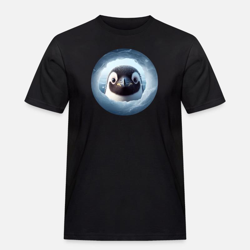 Pinguin schaut durch Schnee Loch - Männer Workwear T-Shirt - Schwarz