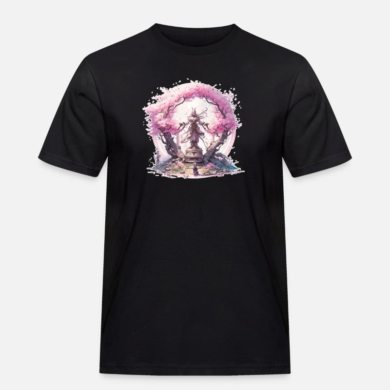 Statue unter einem Kirschblütenbaum - Männer Workwear T-Shirt - Schwarz