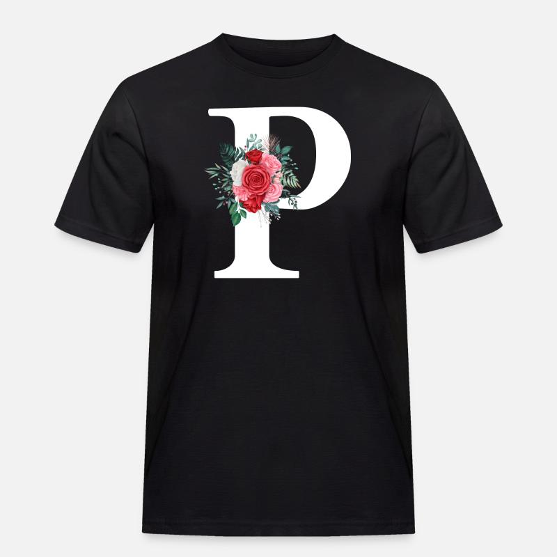 Roter Blumenbuchstabe P - Männer Workwear T-Shirt - Schwarz