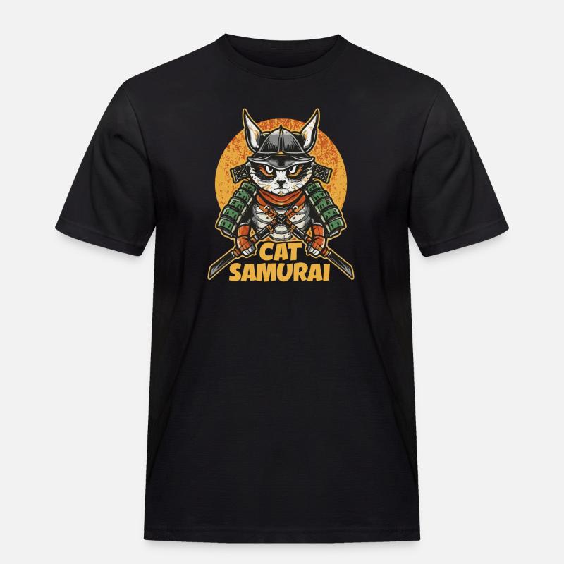 Katze Samurai - Männer Workwear T-Shirt - Schwarz