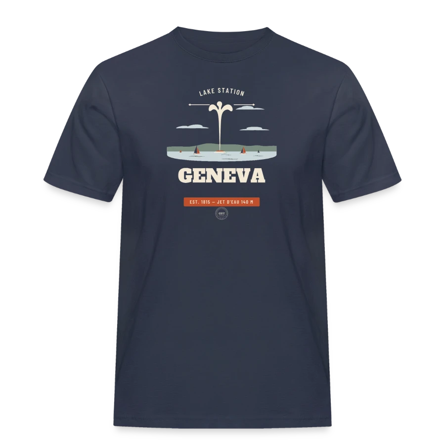 Geneva badge on a men's workwear t-shirt, navy