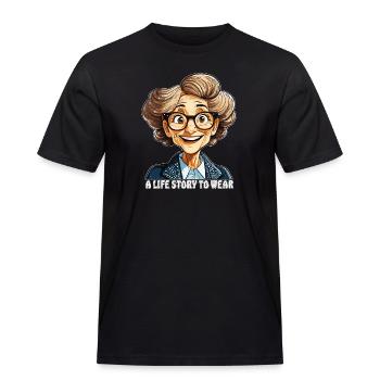 ÄLTERE FRAU A LIFE STORY TO WEAR - Männer Workwear T-Shirt - Schwarz - Vorne - AI Model Male 178 light (178cm)