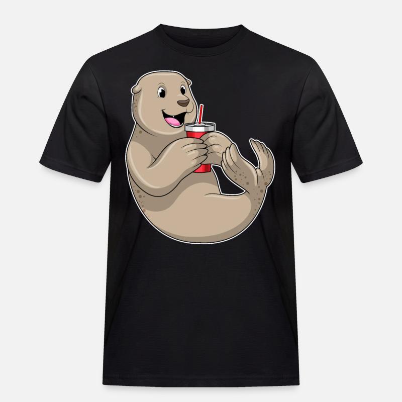 Seehund mit Becher mit Strohhalm - Männer Workwear T-Shirt - Schwarz