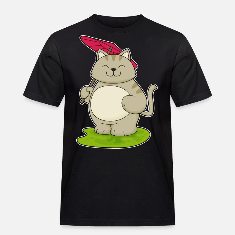 Katze mit Regenschirm - Männer Workwear T-Shirt - Schwarz