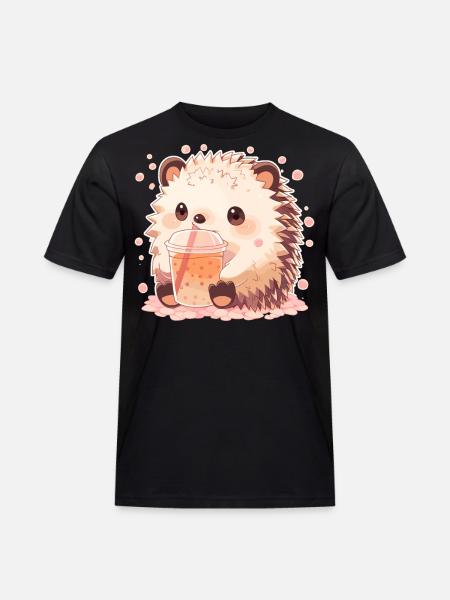Kawaii Hedgehog Drinks Boba Bubble Tea Chibi - Men's Workwear T-Shirt - black
