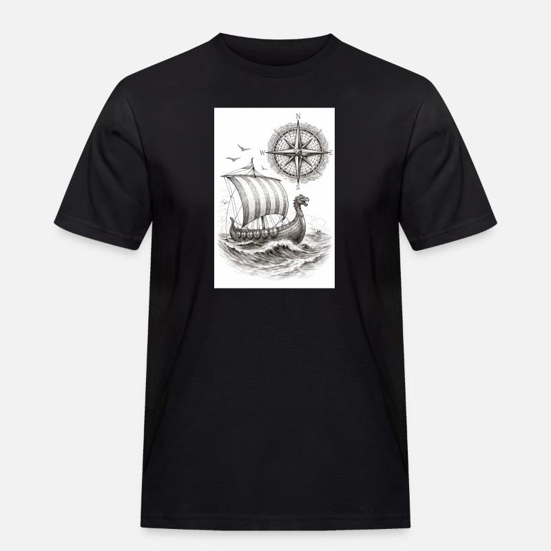 Compass Viking Segelschiff - Männer Workwear T-Shirt - Schwarz