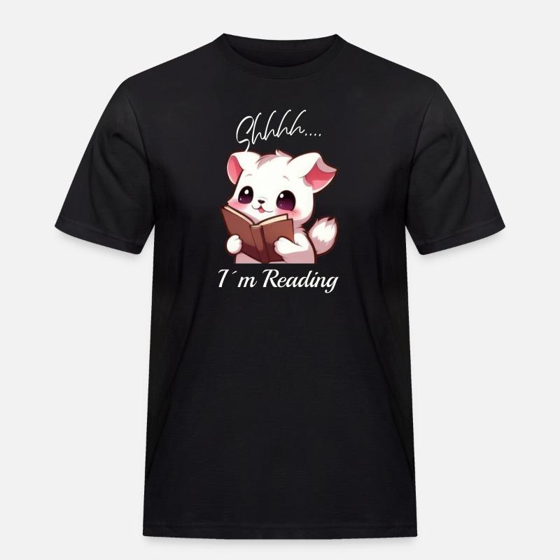 Katze mit Buch - Männer Workwear T-Shirt - Schwarz