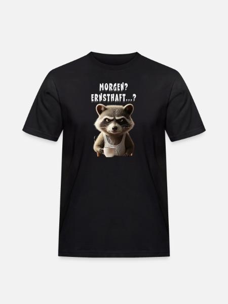 Grumpy raccoon with coffee saying morning grouch - Men's Workwear T-Shirt - black