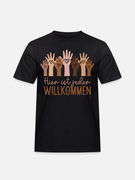 Hier ist jeder willkommen - Männer Workwear T-Shirt - Schwarz
