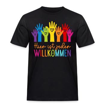 Hier ist jeder willkommen - Männer Workwear T-Shirt - Schwarz - Vorne - AI Model Male 178 light (178cm)
