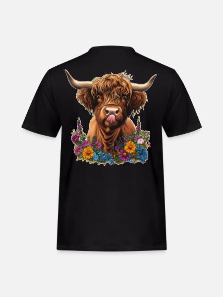 Hochlandrind mit Blumen - Männer Workwear T-Shirt - Schwarz
