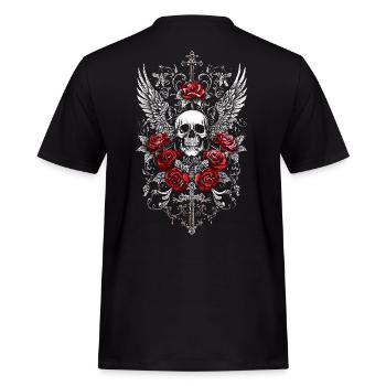 Crâne Ailé Gothique avec Roses Rouges - T-shirt Workwear homme - noir - Dos - AI Model Male 178 light (178cm)
