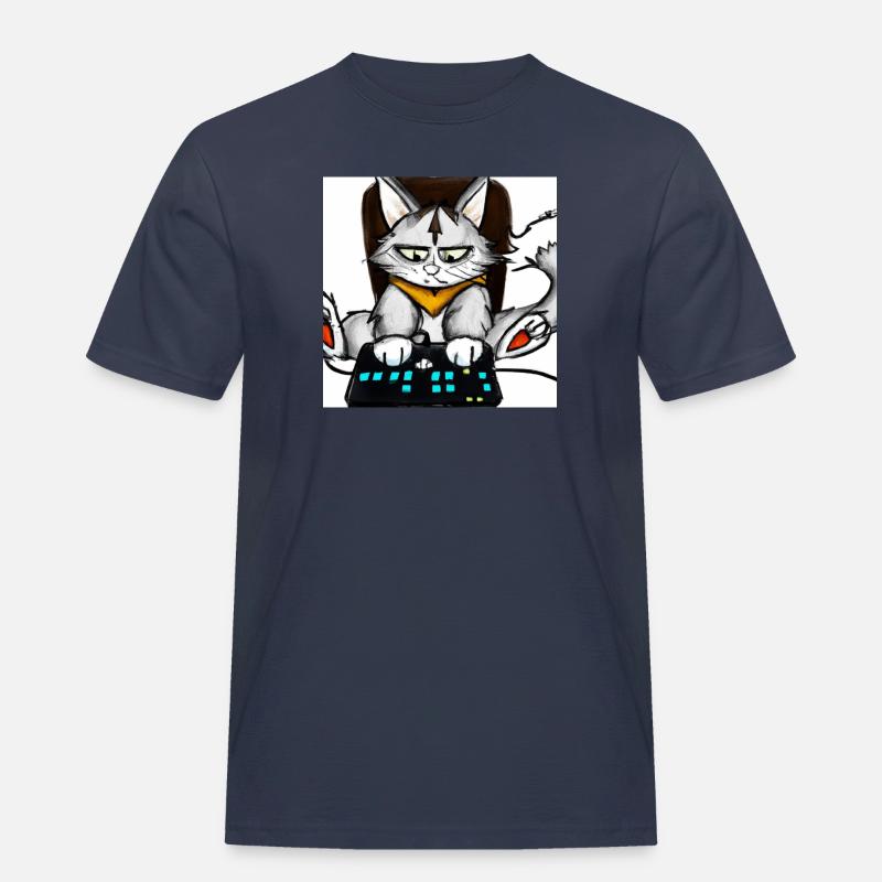 cat playing computer games comic - Männer Workwear T-Shirt - Navy