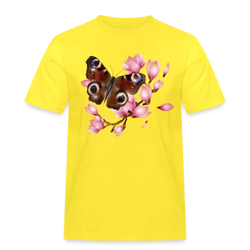Papillon Paon et Magnolia Rose : Élégance Naturelle - T-shirt Workwear homme