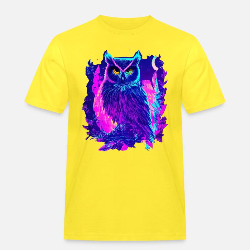 Neon leuchtende Eule Synthwave - Männer Workwear T-Shirt - Gelb