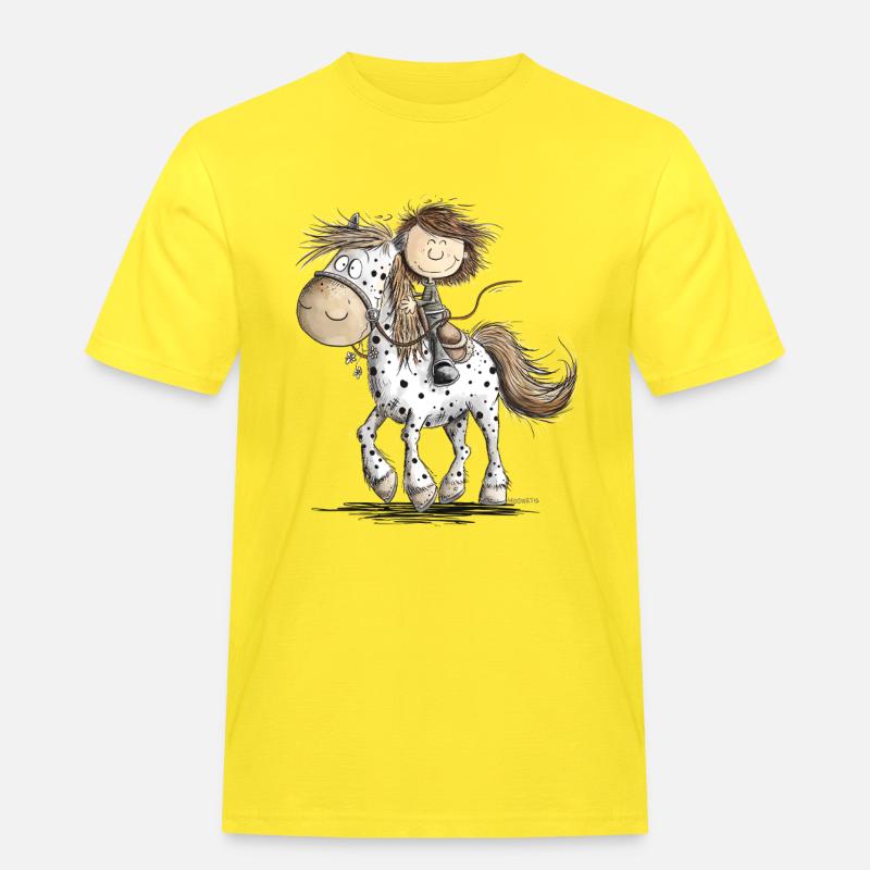 Drolliges Pferd mit Reiter Cartoon Pferdchen - Männer Workwear T-Shirt - Gelb