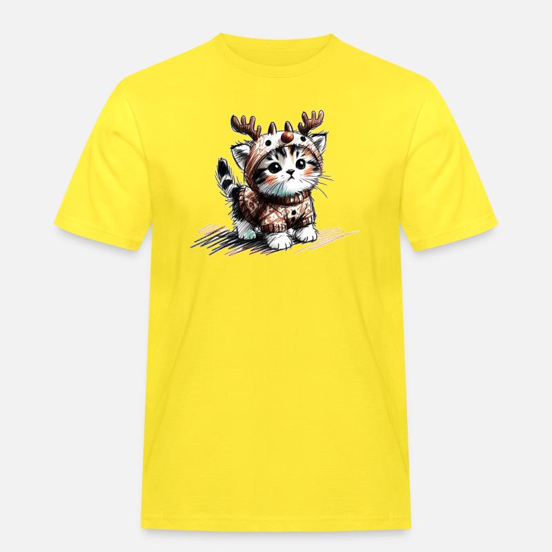 Katze mit Rentiergeweih und Pullover - Männer Workwear T-Shirt - Gelb