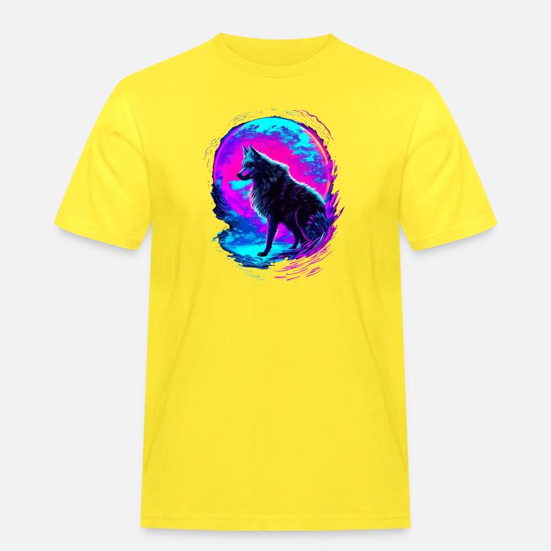 Wolf Neon Moon Synthwave - Männer Workwear T-Shirt - Gelb
