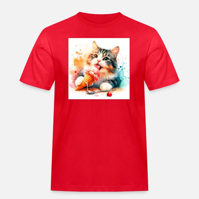 Kätzchen isst Eis - Männer Workwear T-Shirt - Rot