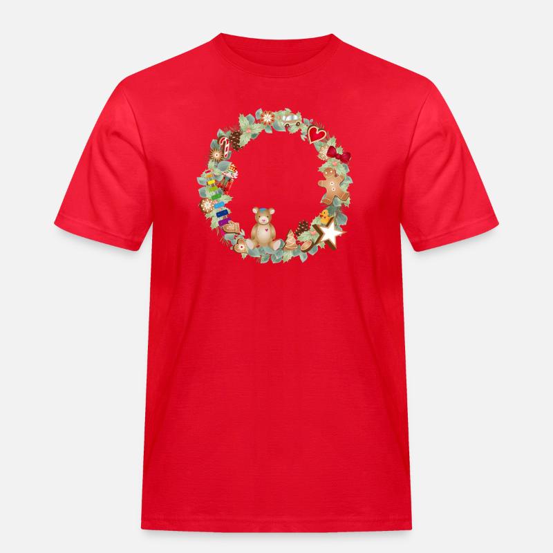Bunter Weihnachtskranz mit Spielzeug und Lebkuchen - Männer Workwear T-Shirt - Rot