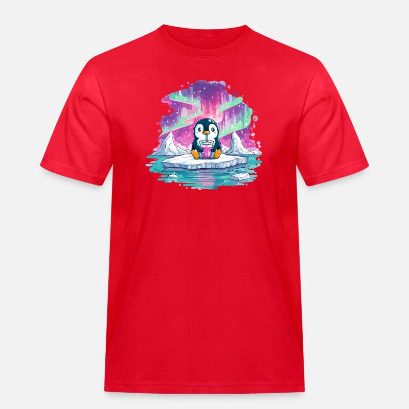 Pinguin auf Eis mit pinkem Drink - Männer Workwear T-Shirt - Rot